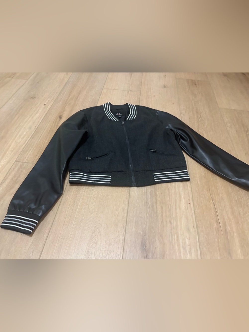 Three Dots Black Bomber Jacket with White Stripe Trim